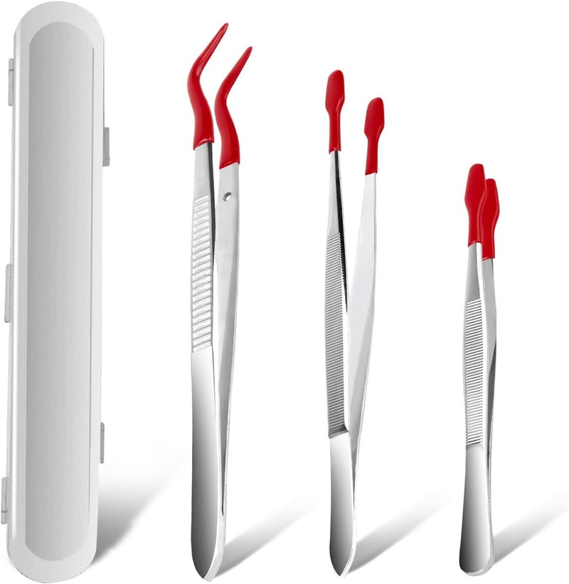 Anglekai 3PCS Tip Tweezers, Silicone Rubber Flat Tipped Tweezers Bent Tip for Jewelry Coin Stamp (Red) - Image 1